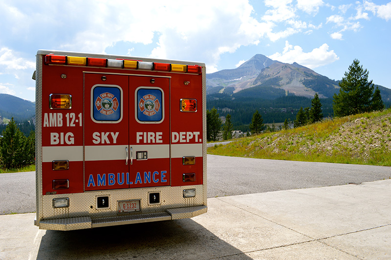 back of ambulance 12-1 with mountain in background